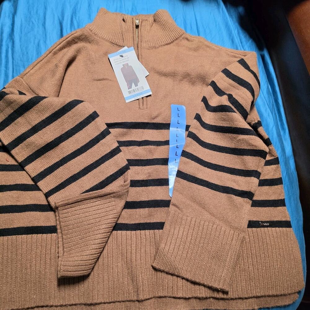 DKNY Quarter Zip Turtle Neck Sweater Large Brown Stripe NWT